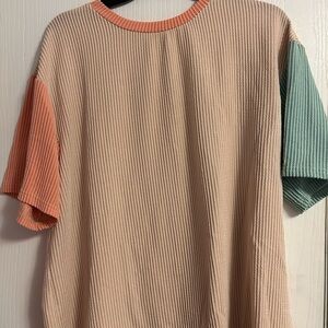 SHEIN Colorblock Ribbed Blouse - Peach, Coral, Teal